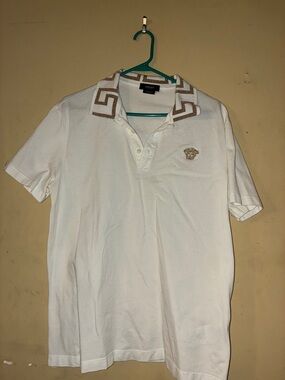 Versace White Polo with Gold Embroidered Medusa and Greek Key Collar